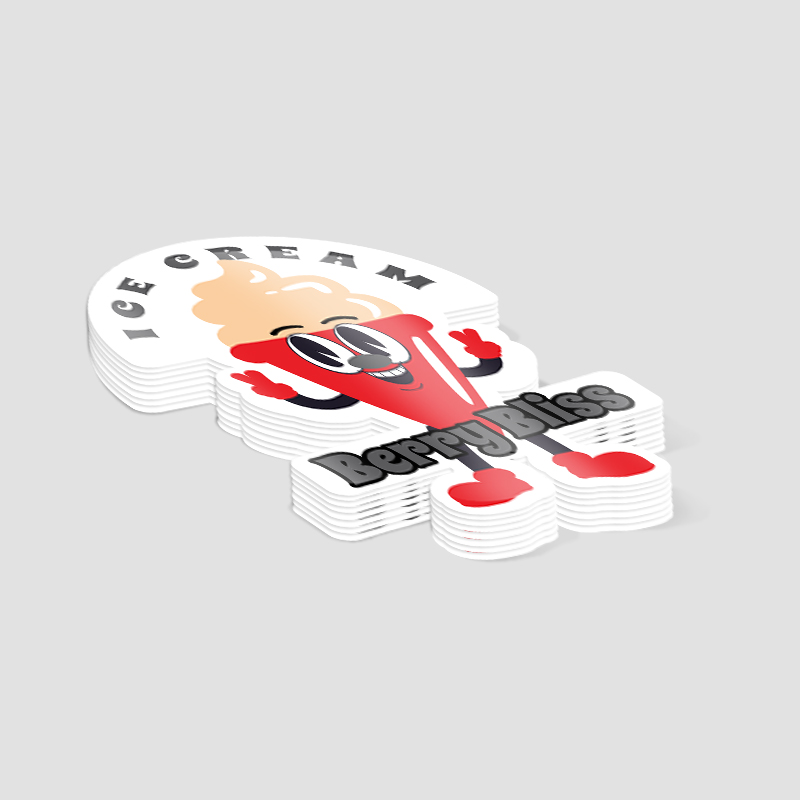 Stack of custom shape die-cut vinyl stickers featuring an illustrated ice cream character design.