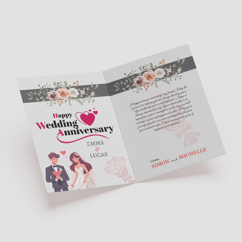Folded custom printed greeting card displaying a 'Happy Wedding Anniversary' message and photo layout.