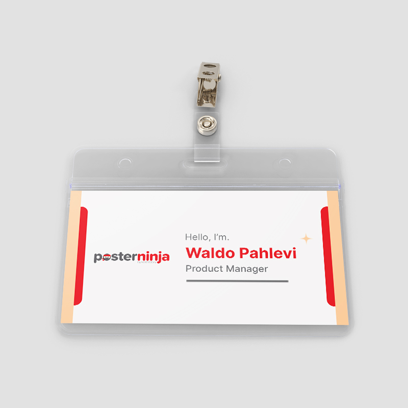 Name Badges Printed plastic ID name badge insert with a metallic clip showing employee name and job title.