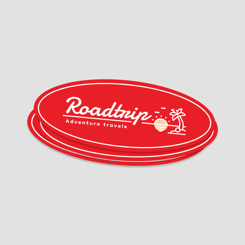 Oval Stickers Custom printed red oval vinyl sticker featuring 'Roadtrip' adventure branding.