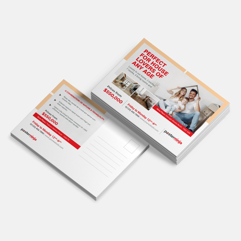 Stack of pre-sized postcard design templates showcasing custom real estate layouts.