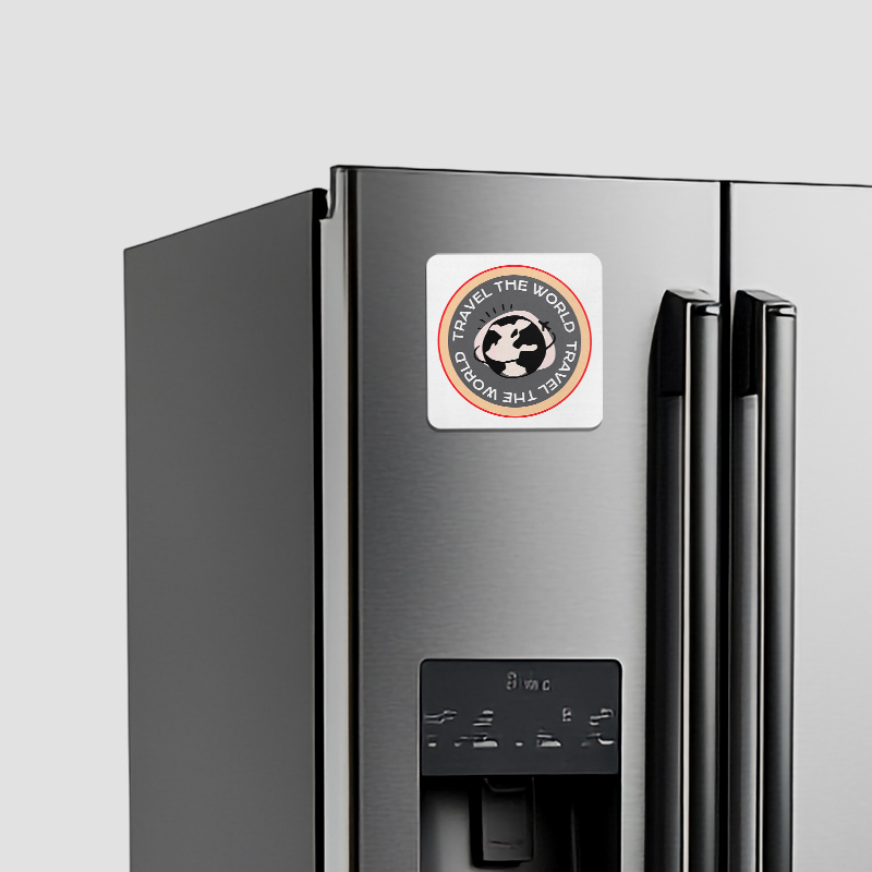 Round custom printed promotional magnet displayed on a stainless steel refrigerator door.
