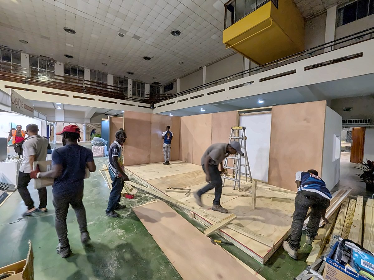 Booth platform and first wall frames being built