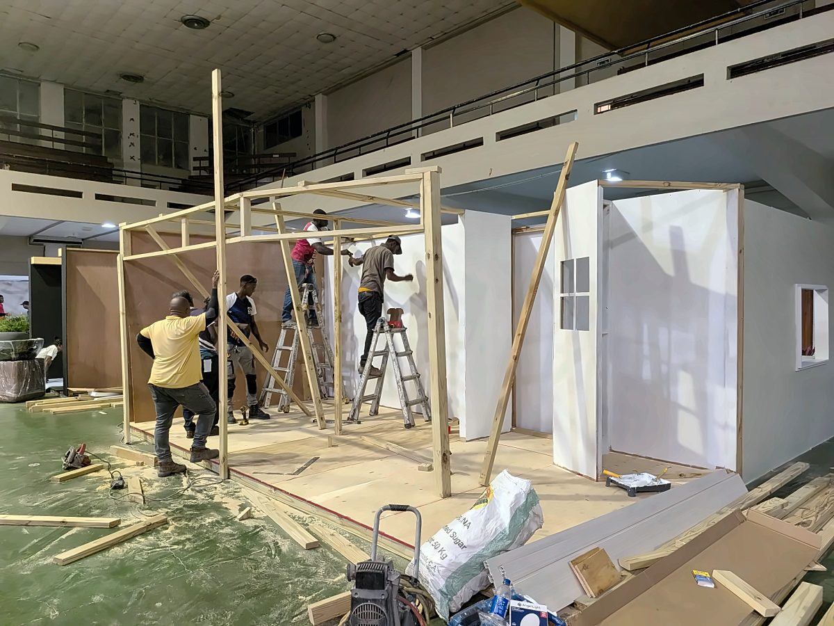 Timber framing of the booth walls in progress