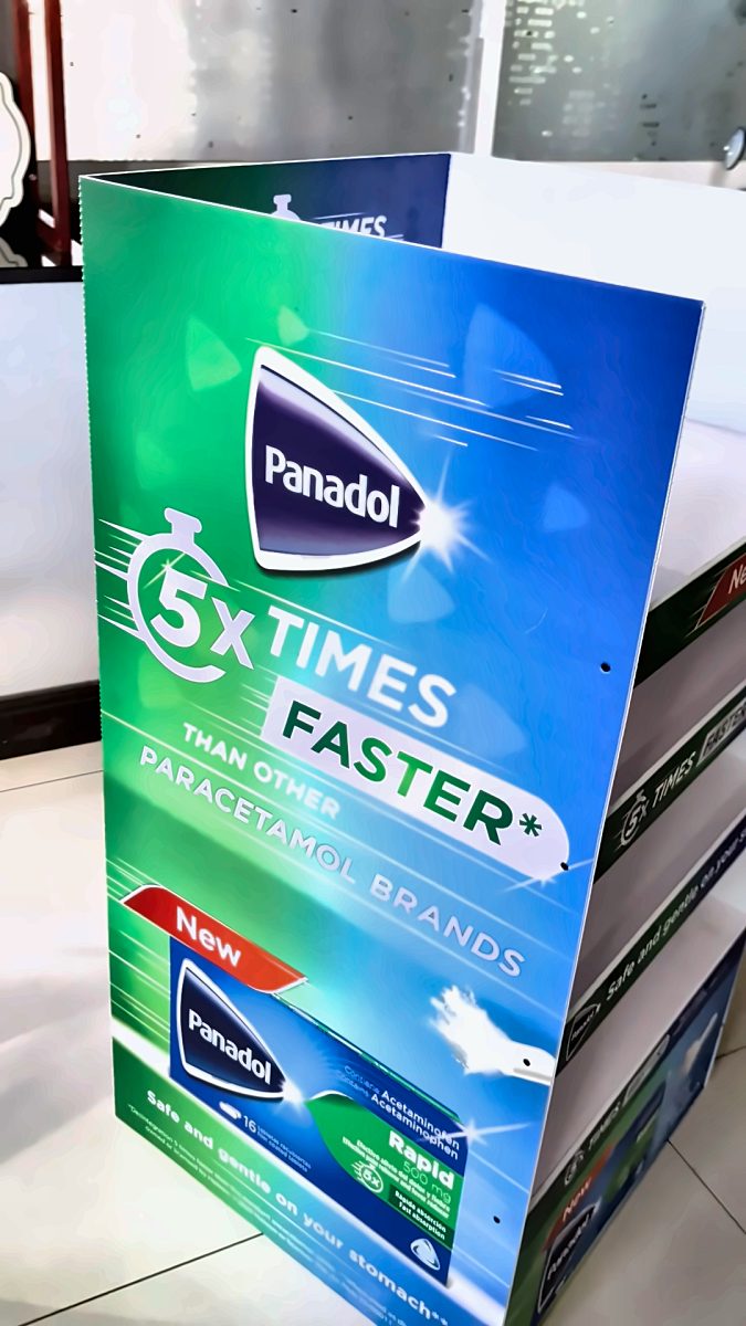 Side view of the Panadol floor display showing printed graphics