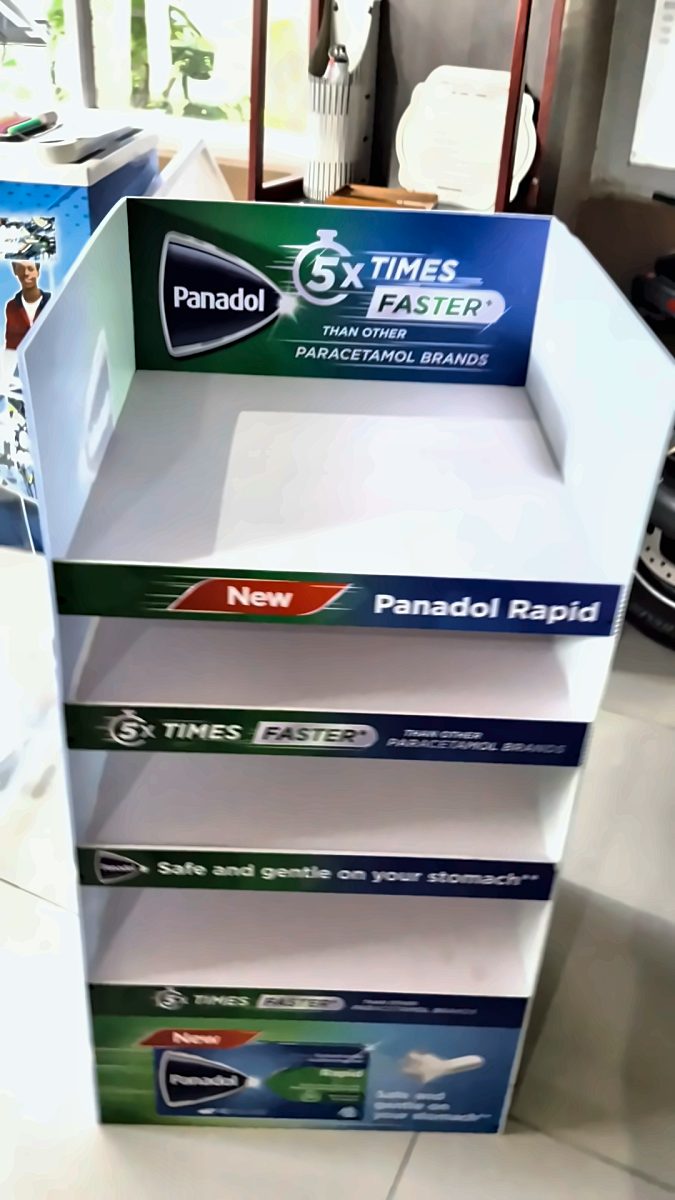 Panadol printed floor display unit with tiered shelves
