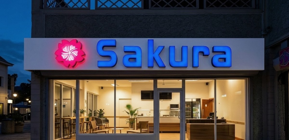 Front-lit blue channel letters at night, Sakura storefront, made by Print Big