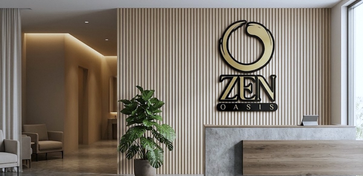 Flat 3D gold logo on a slatted reception wall, ZEN Oasis, made by Print Big