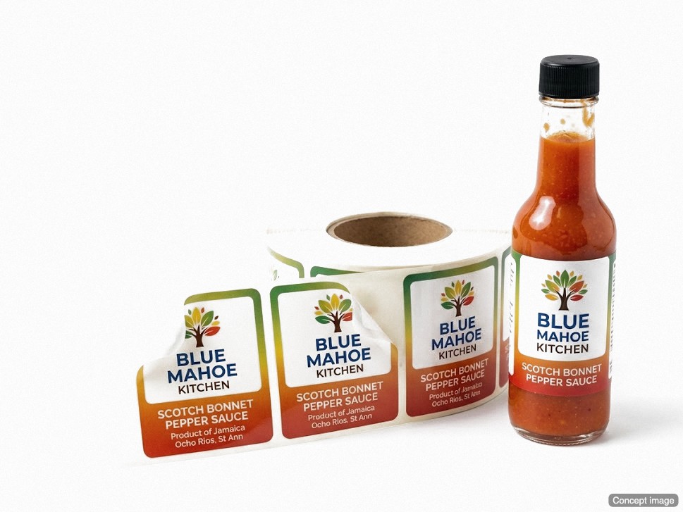 Roll labels and finished bottle · Blue Mahoe Kitchen, Ocho Rios (concept image)