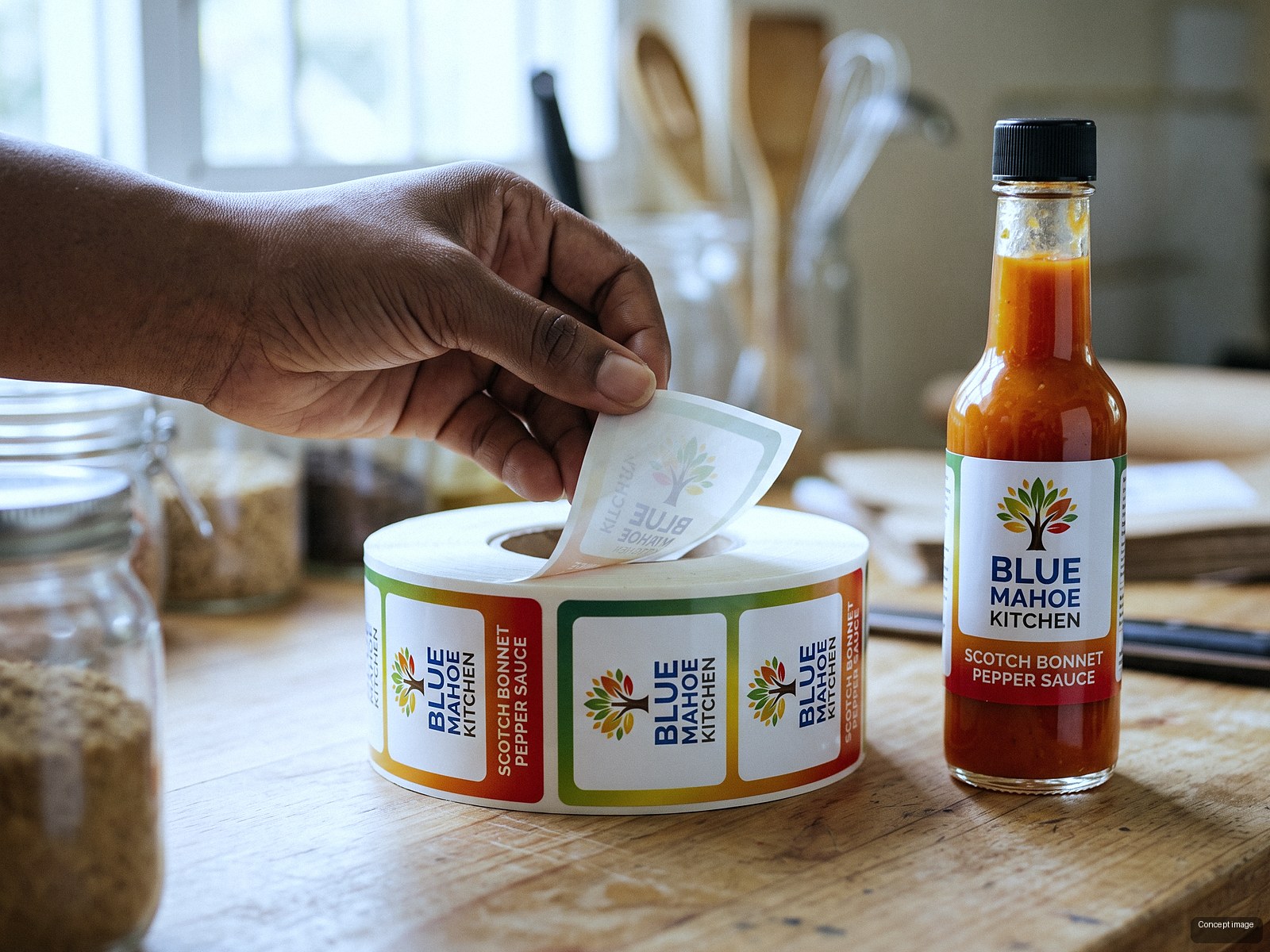 Labels on a roll, ready to apply · Blue Mahoe Kitchen (concept image)