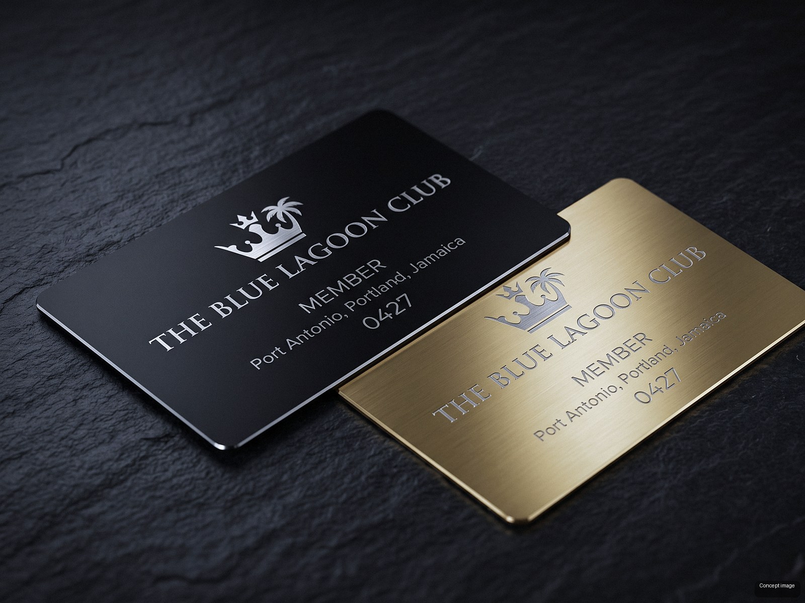 Black and gold metal cards, details etched to bright metal (concept image)