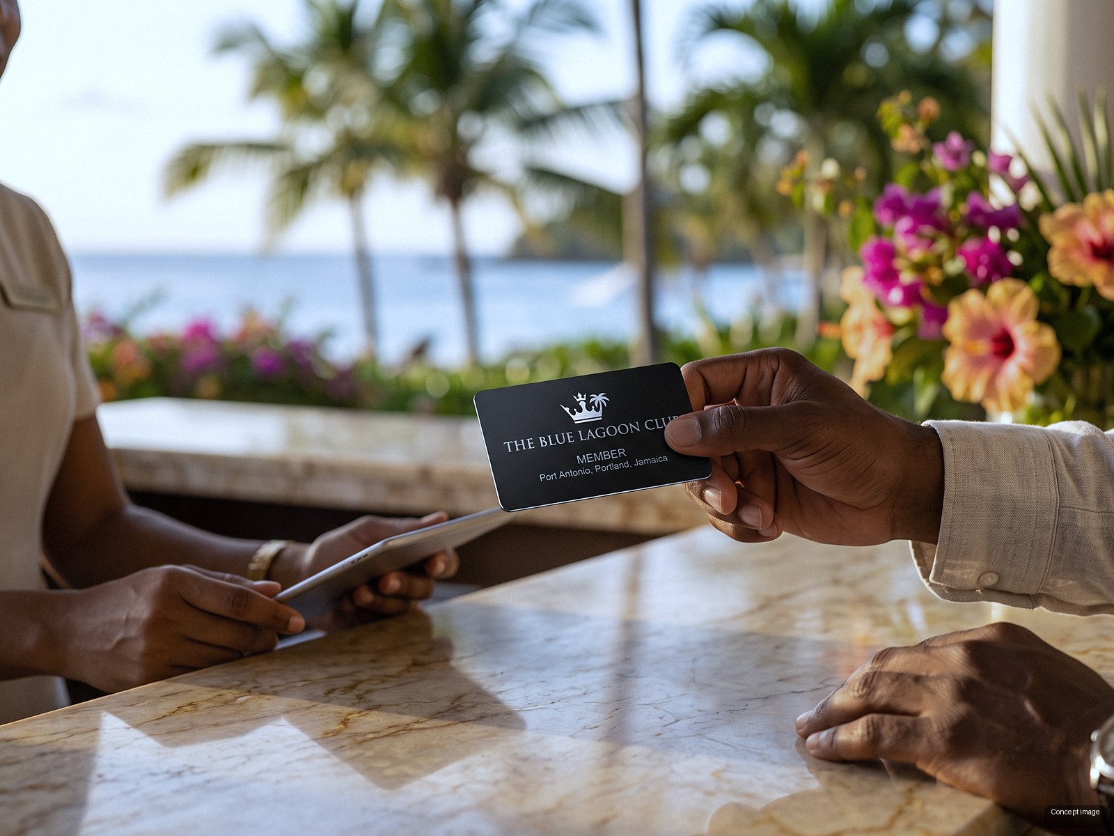 Black metal membership card in use · The Blue Lagoon Club, Port Antonio (concept image)