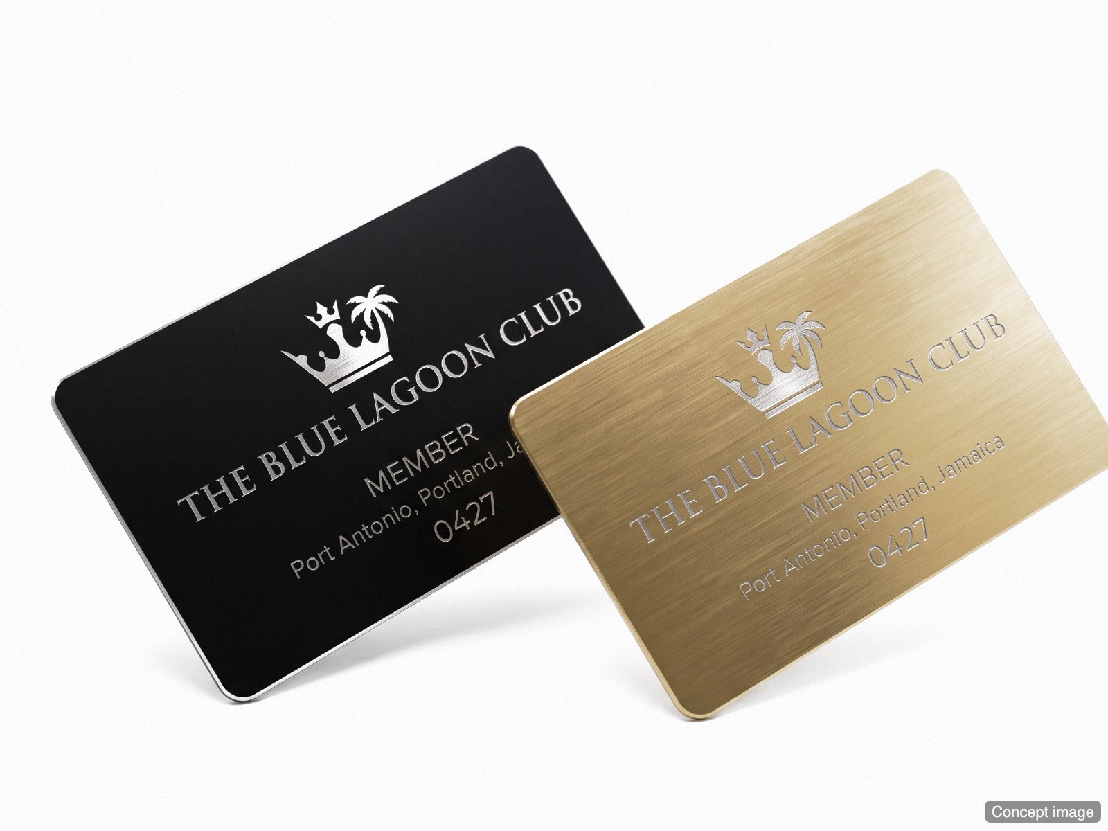 Black and gold metal cards on white, etched details (concept image)