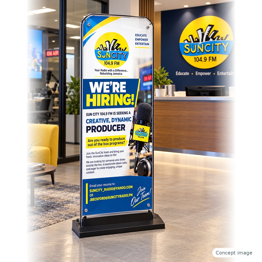 Door-shape banner in a business reception area