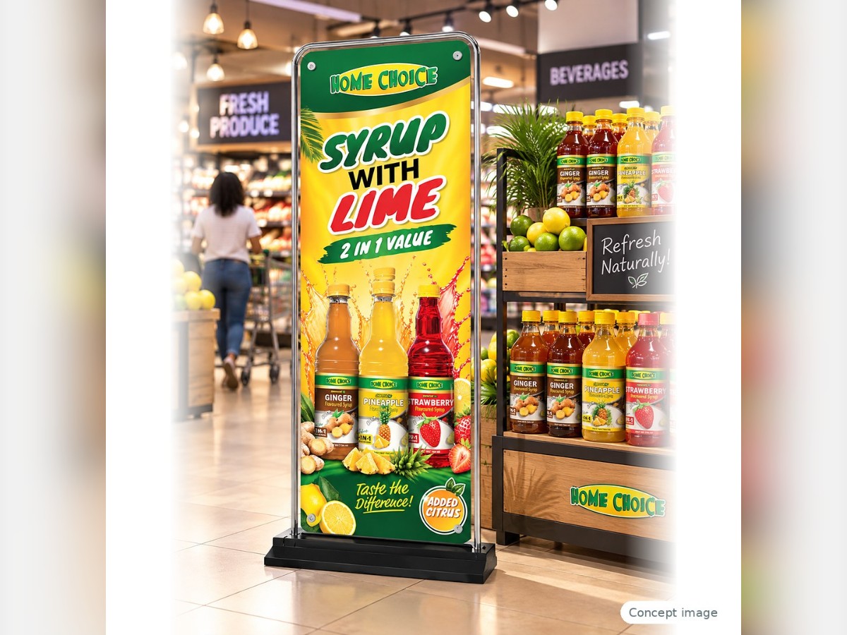 Door-shape banner beside a supermarket syrup display