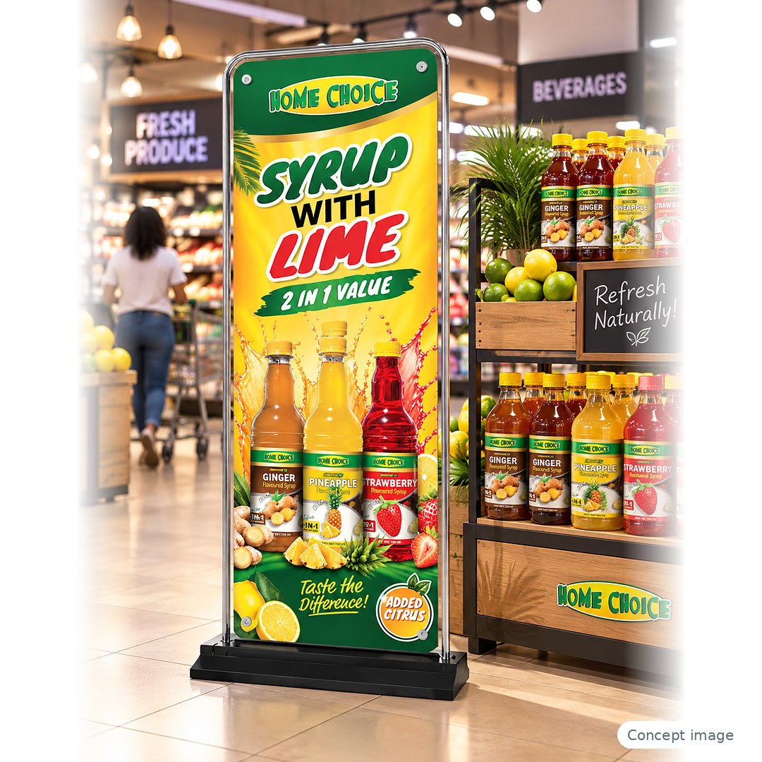 Door-shape banner beside a supermarket syrup display
