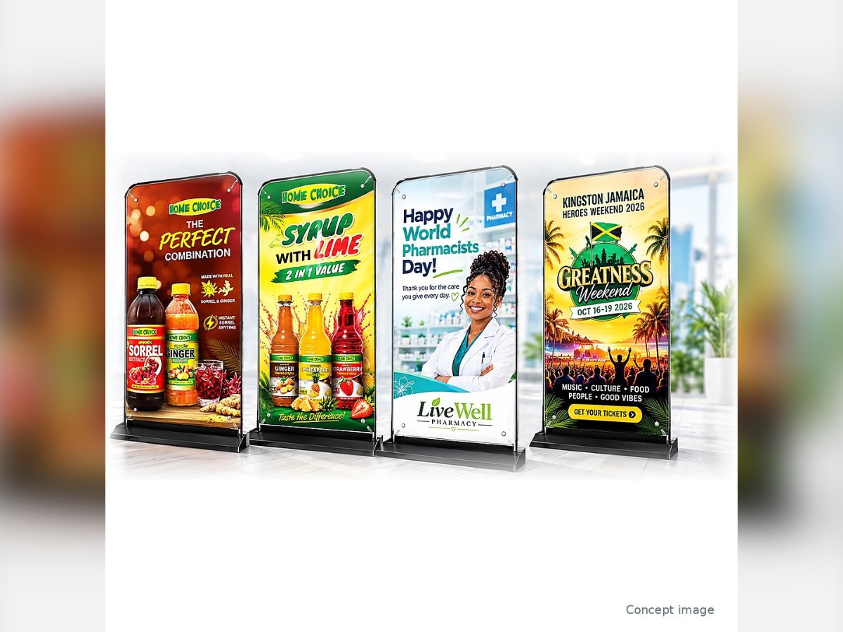 Door-shape banner lineup for retail, pharmacy and events