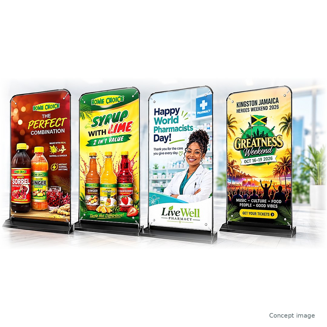 Door-shape banner lineup for retail, pharmacy and events