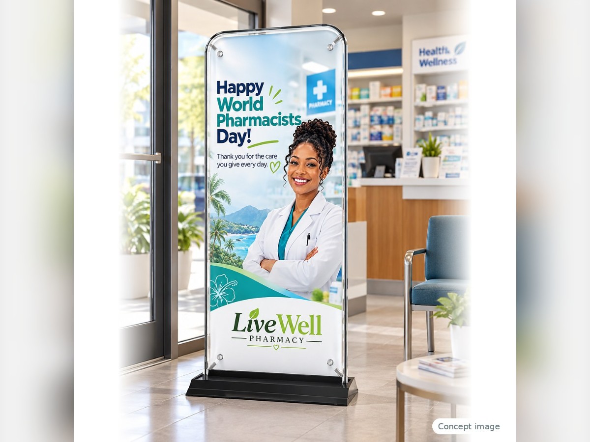 Door-shape banner at a pharmacy entrance
