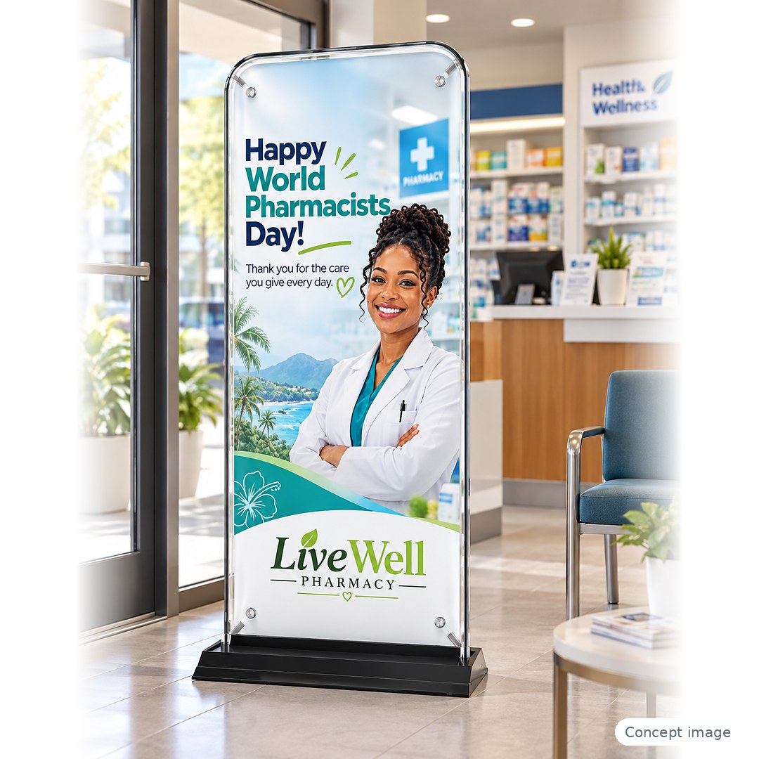 Door-shape banner at a pharmacy entrance