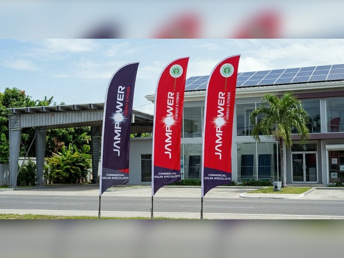 Feather flags outside a solar showroom · JamPower, Kingston