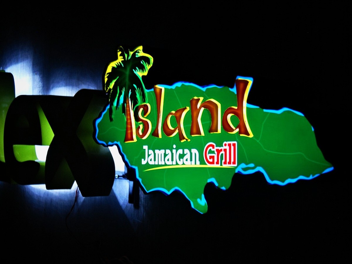 Channel letters, front and halo lit · Flex Island Jamaican Grill
