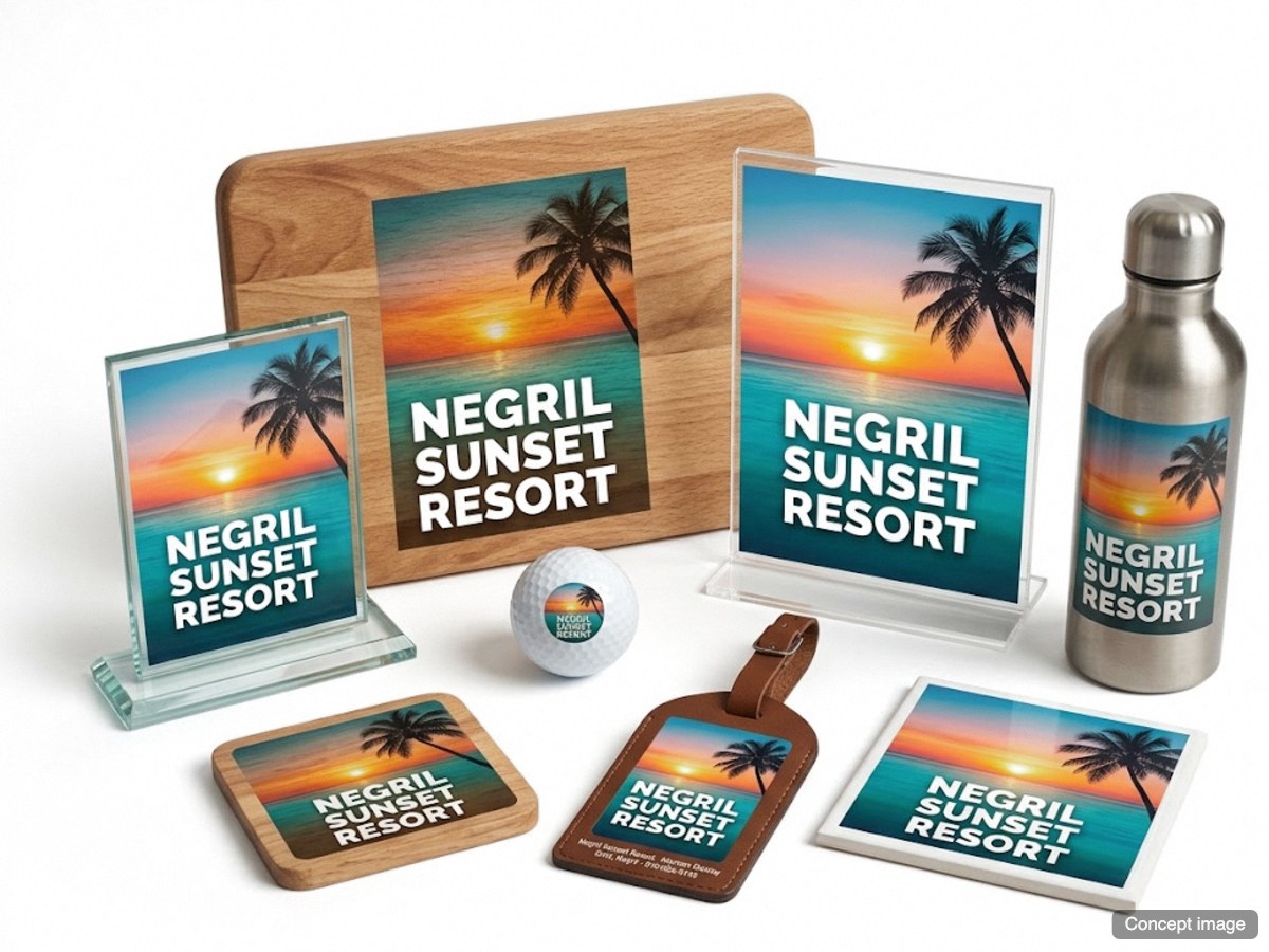 We print on any & everything: wood, glass, acrylic, leather, metal · Negril Sunset Resort (concept image)