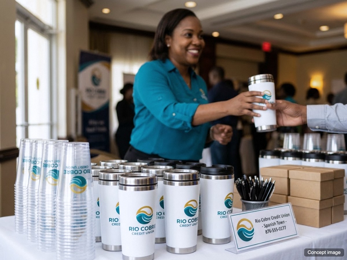 Branded giveaways at a launch · Rio Cobre Credit Union, Spanish Town (concept image)