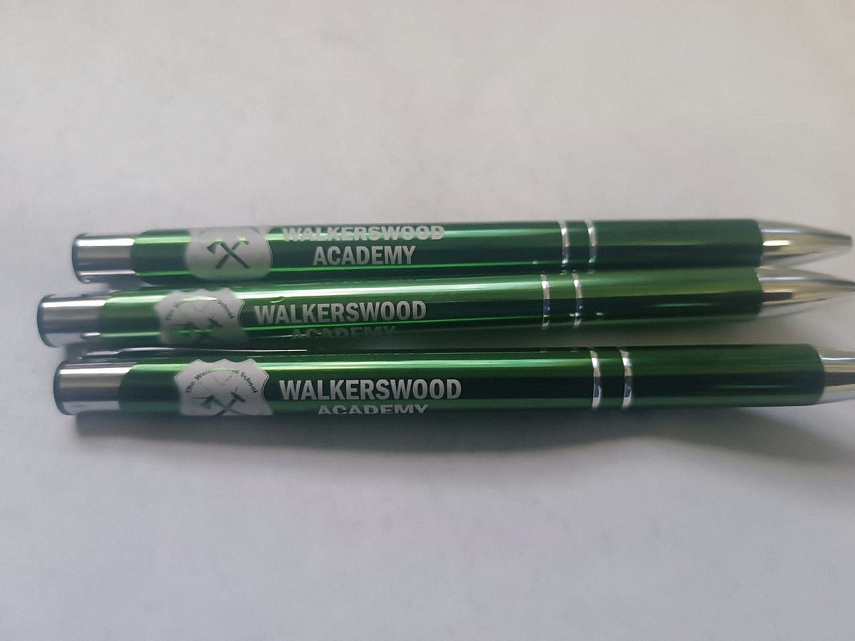 Etched metal pens · Walkerswood Academy, St Ann (real job)