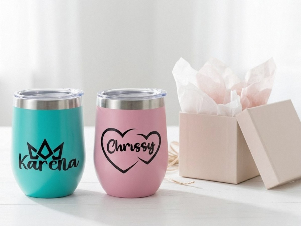 Personalised wine tumblers · Karena & Chrissy