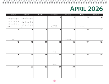 Spiral-Bound Calendar 2026 - 11x8.5