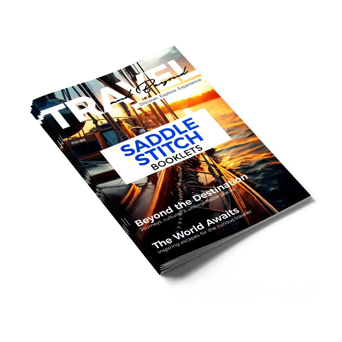 Saddle stitch booklet with a full-color cover, stapled on the fold.