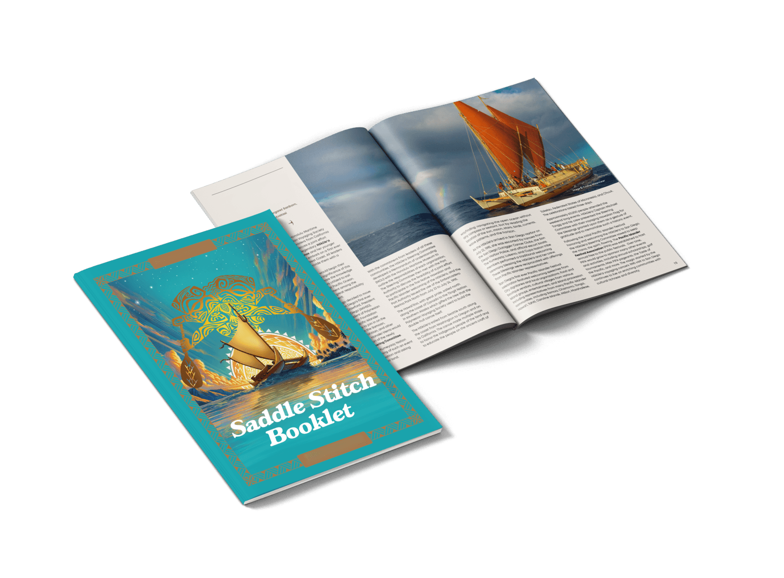 Saddle stitch booklet with a full-color cover, stapled on the fold.