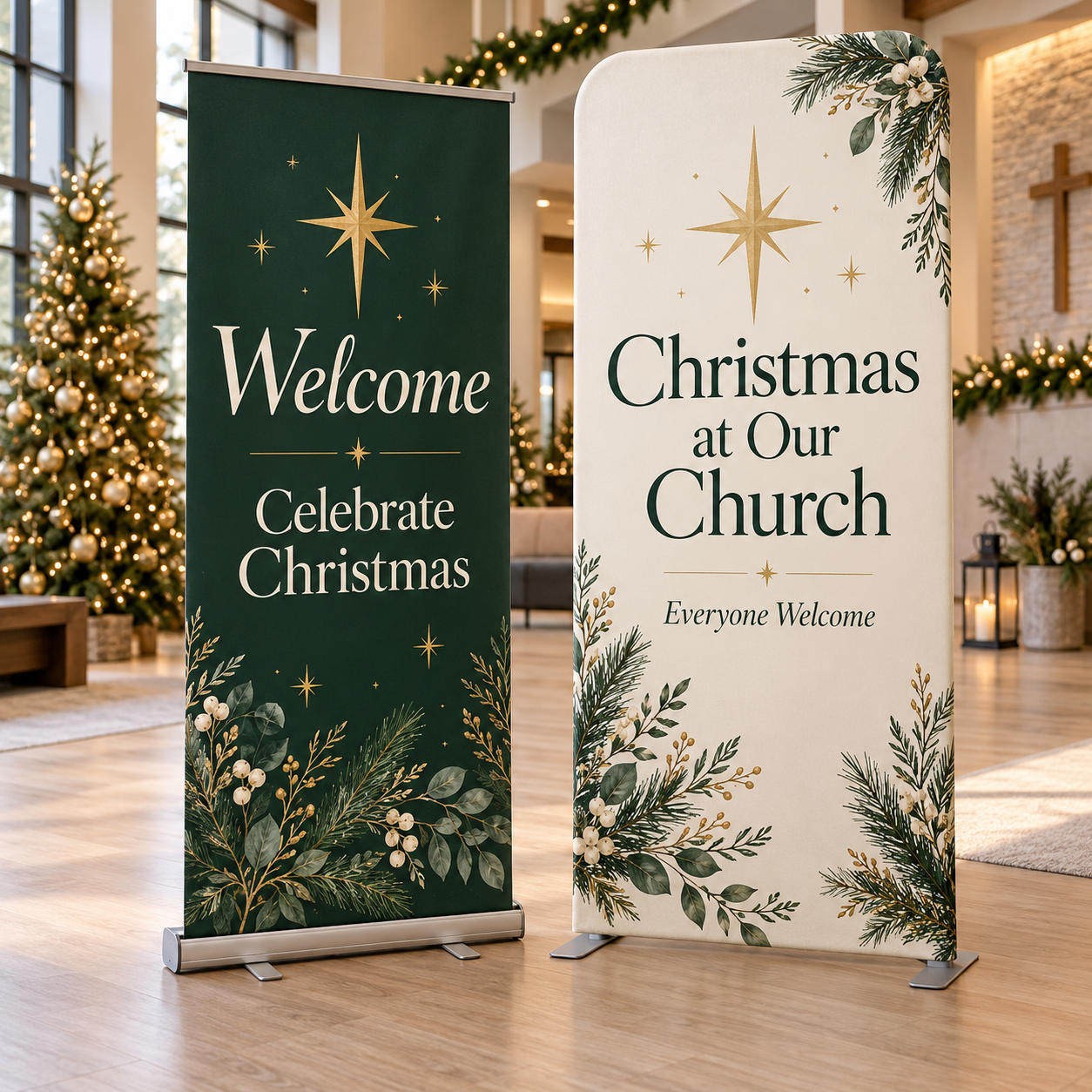 Christmas retractable banner and fabric display in a church lobby