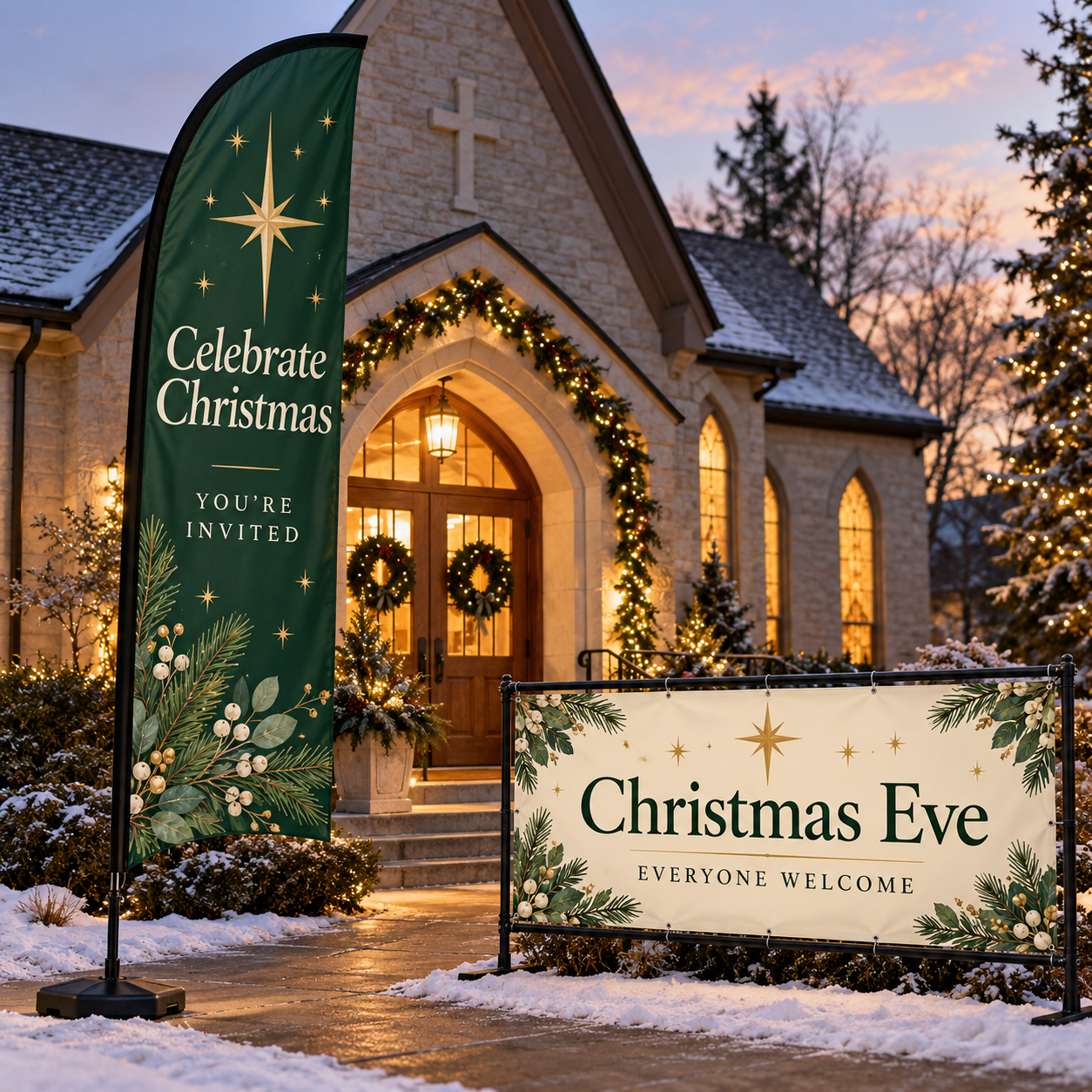 Christmas flag and outdoor banner outside a church