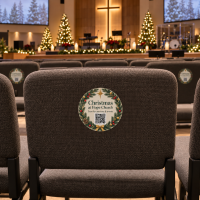 https://d2tl9ctlpnidkn.cloudfront.net/printsush/images/product/Christmas_QR_code_sticker_displayed_on_the_back_of_a_church_sanctuary_chair_.png