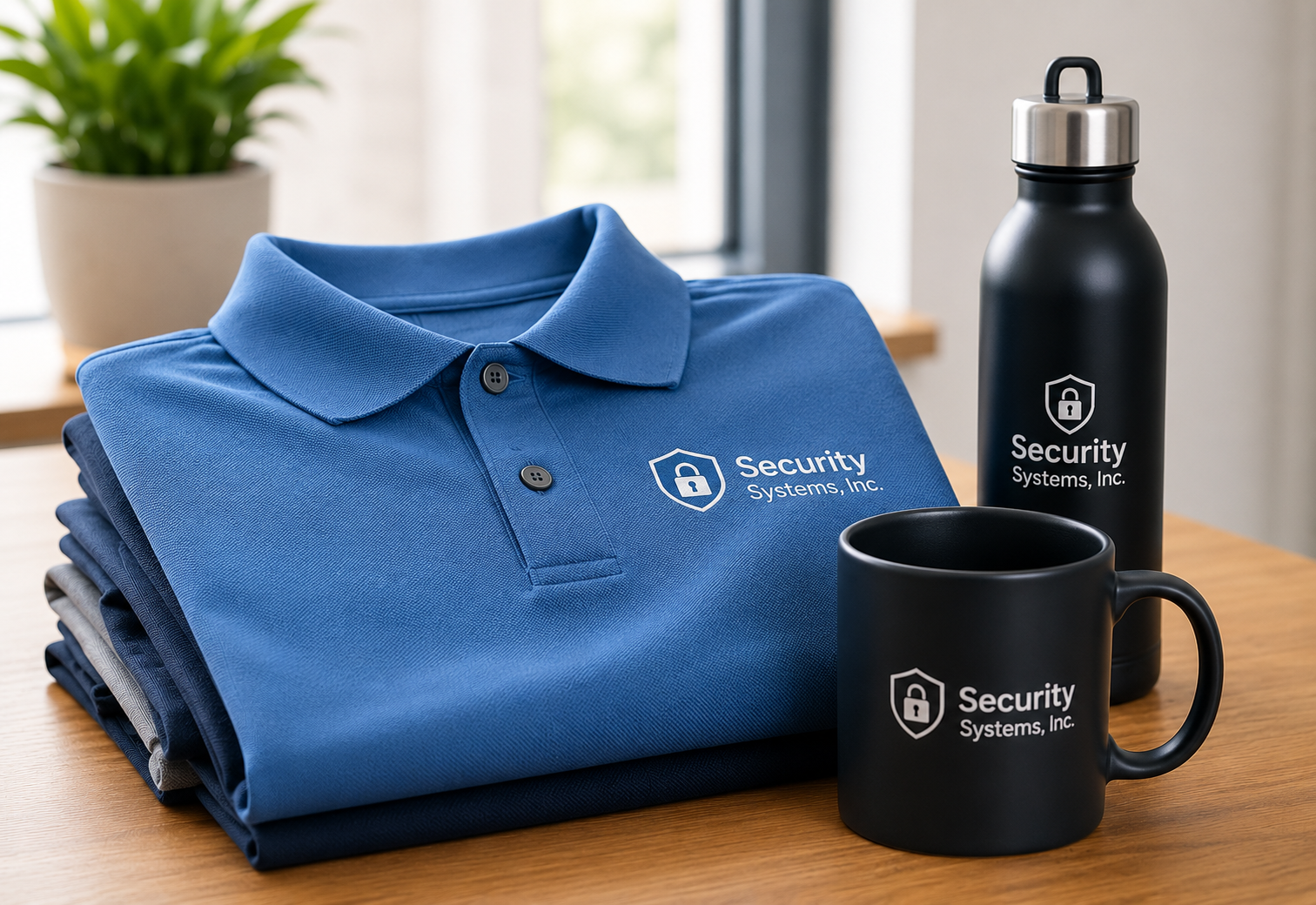 ACME branded polo shirts, bottle and coffee mug