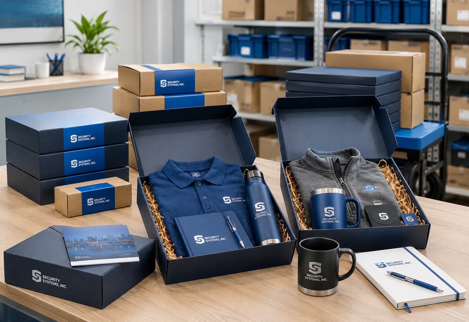 A coordinated selection of apparel, bags, drinkware, notebooks, print pieces, and custom kit boxes