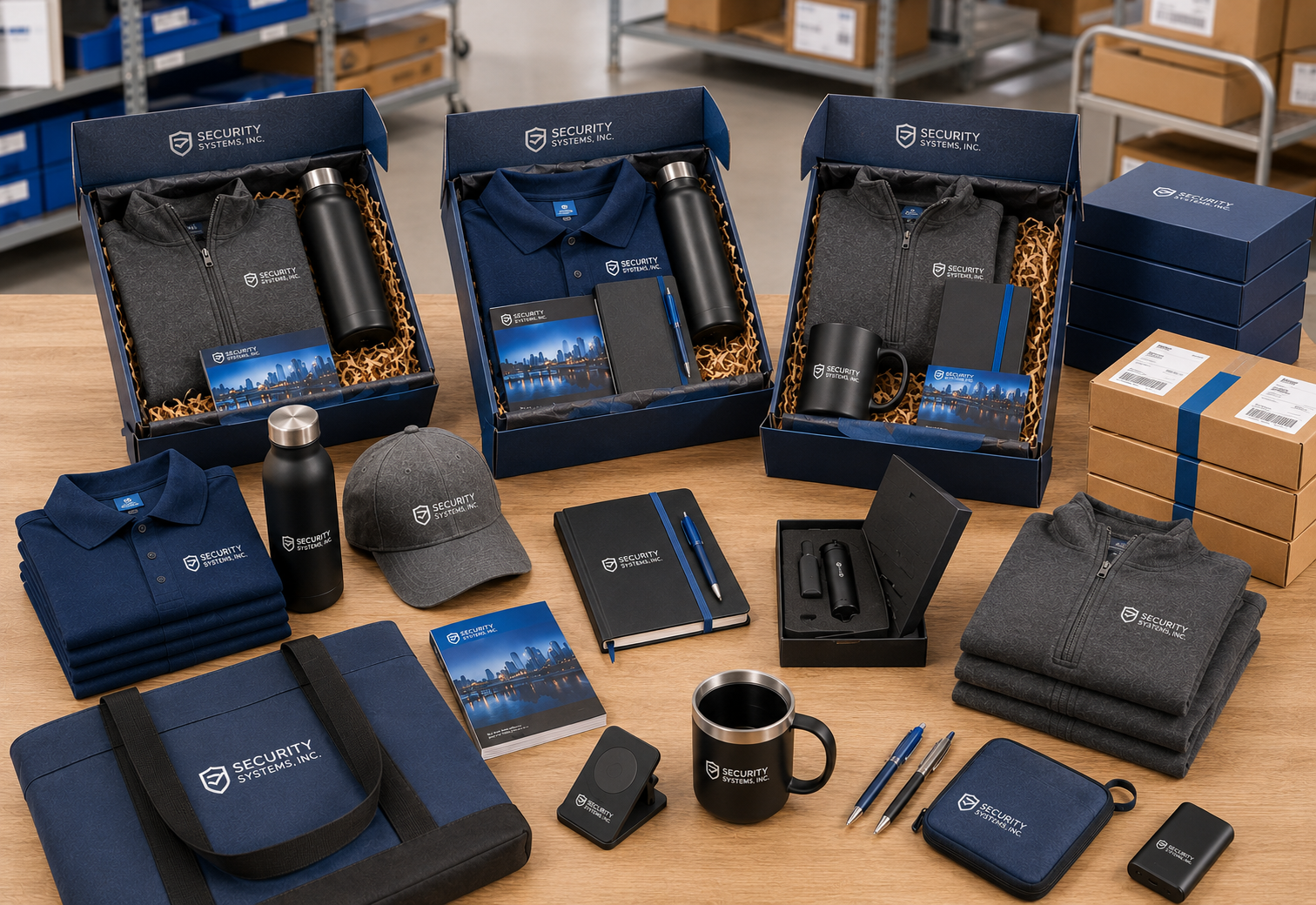 Completed custom kits and shipping cartons staged for delivery