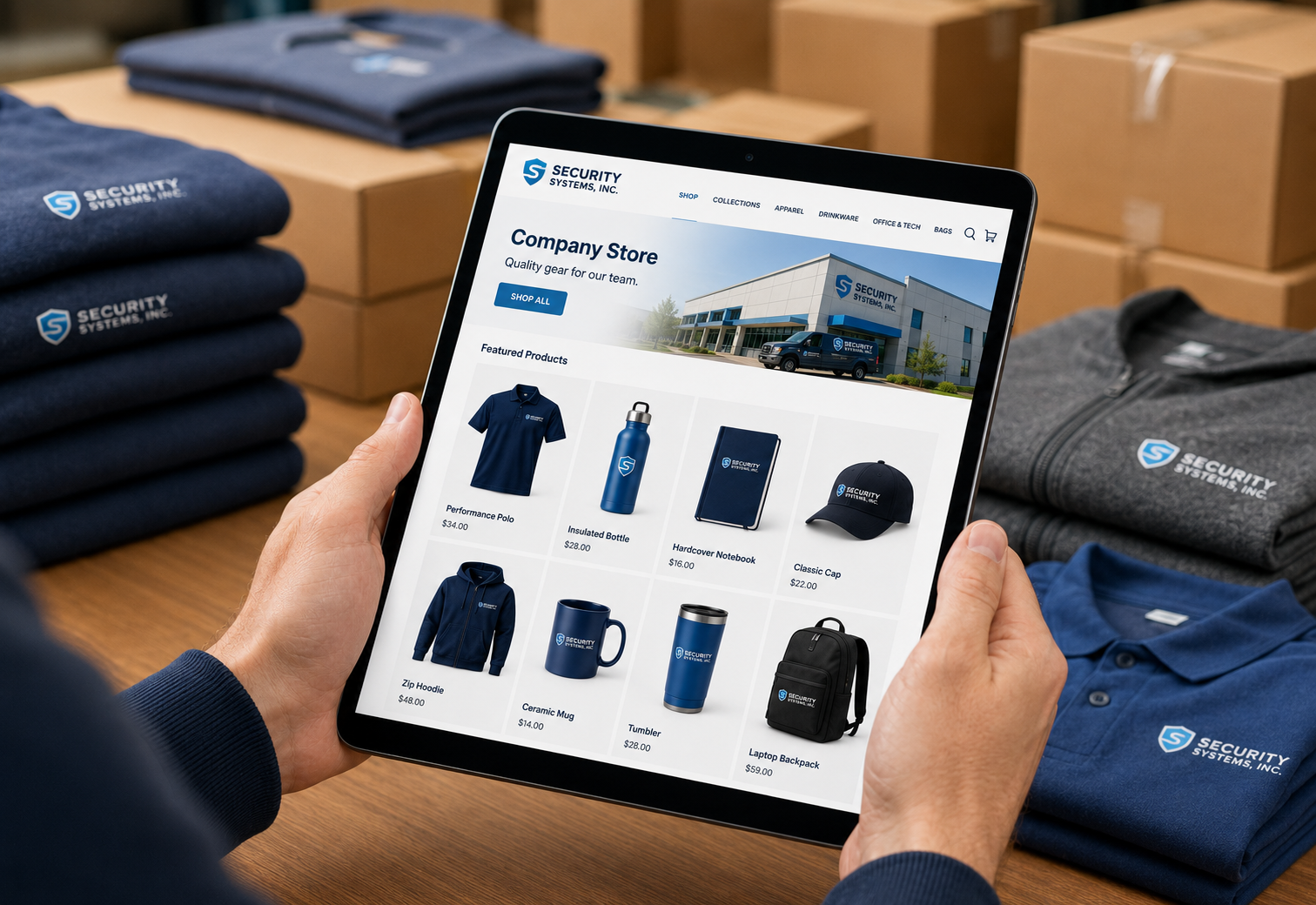 Person ordering ACME branded products from a company store on a tablet