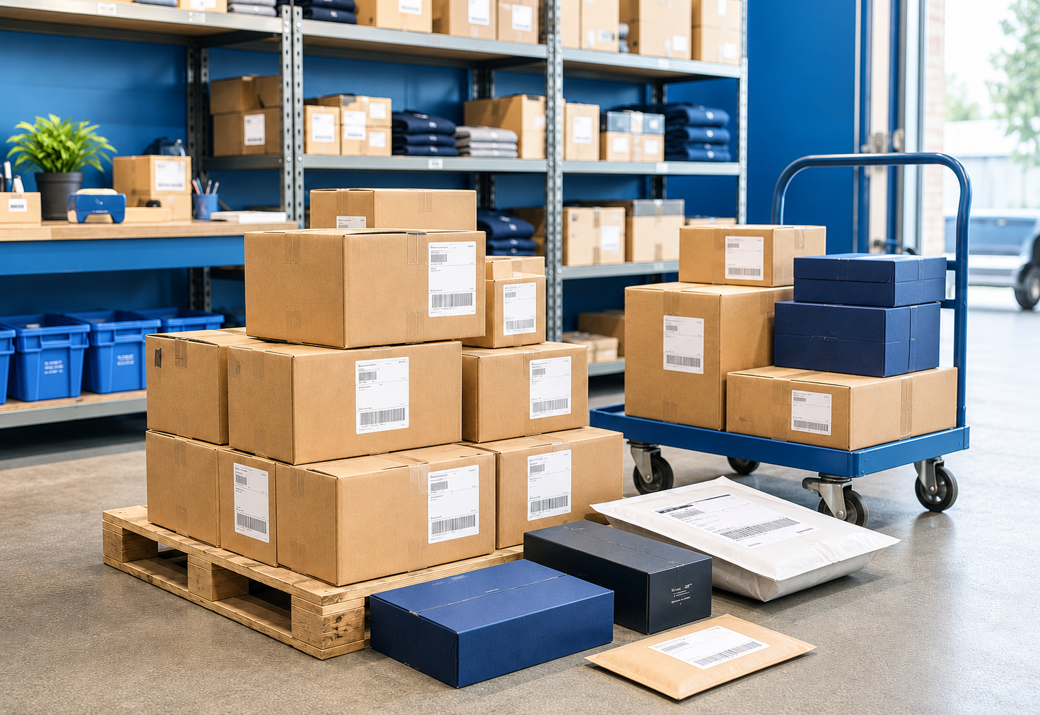 Completed orders and shipping cartons staged for outgoing distribution