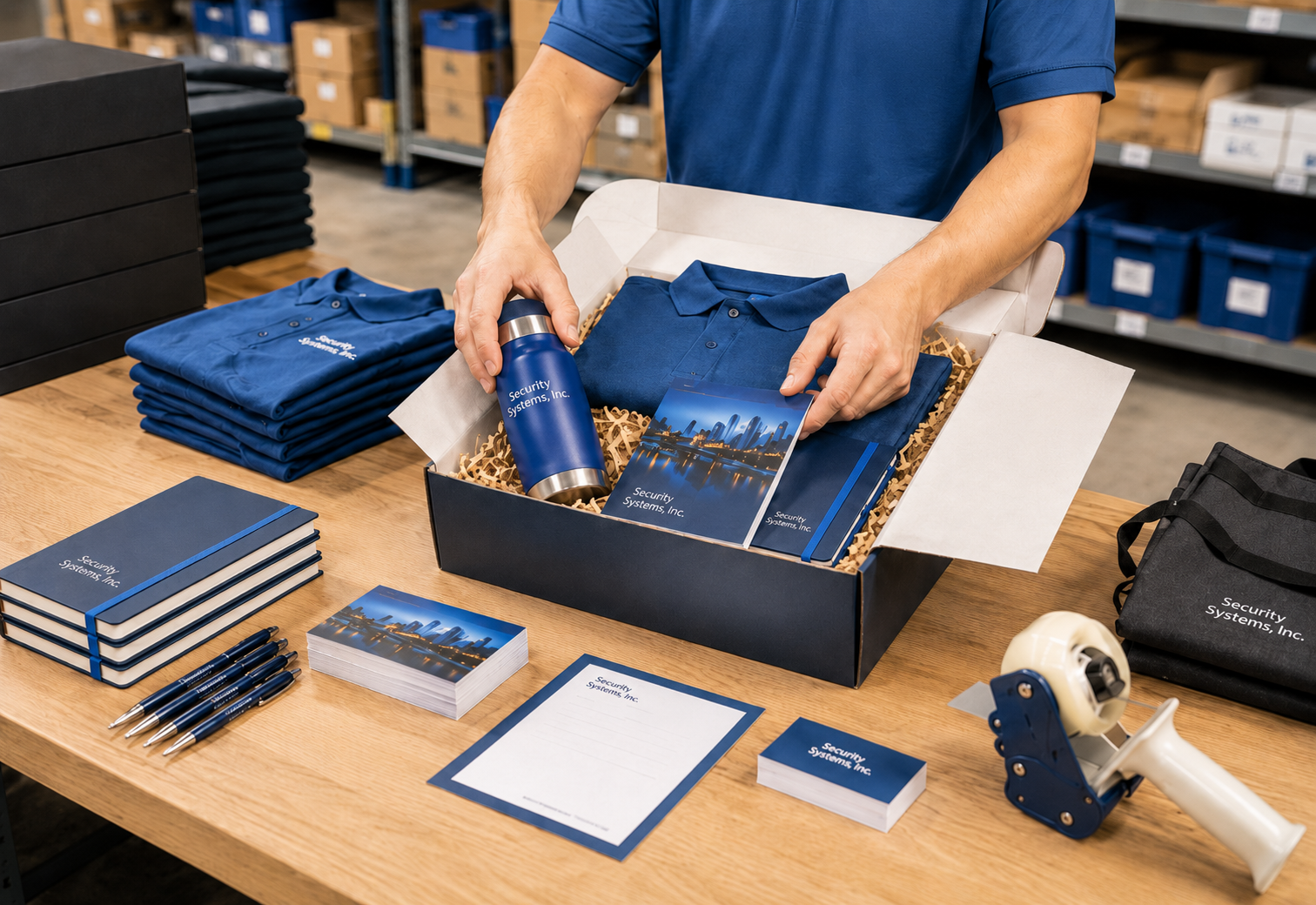 Worker assembling a custom kit with apparel, drinkware, printed materials, and branded products