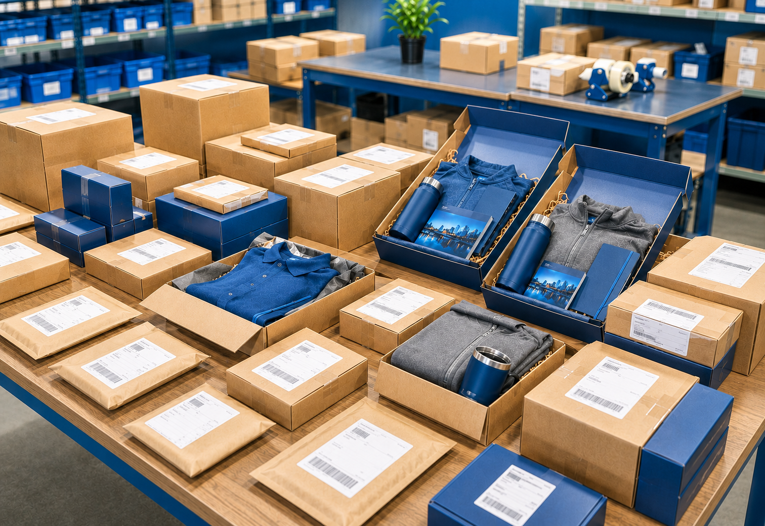 Completed individual shipments staged for outgoing delivery