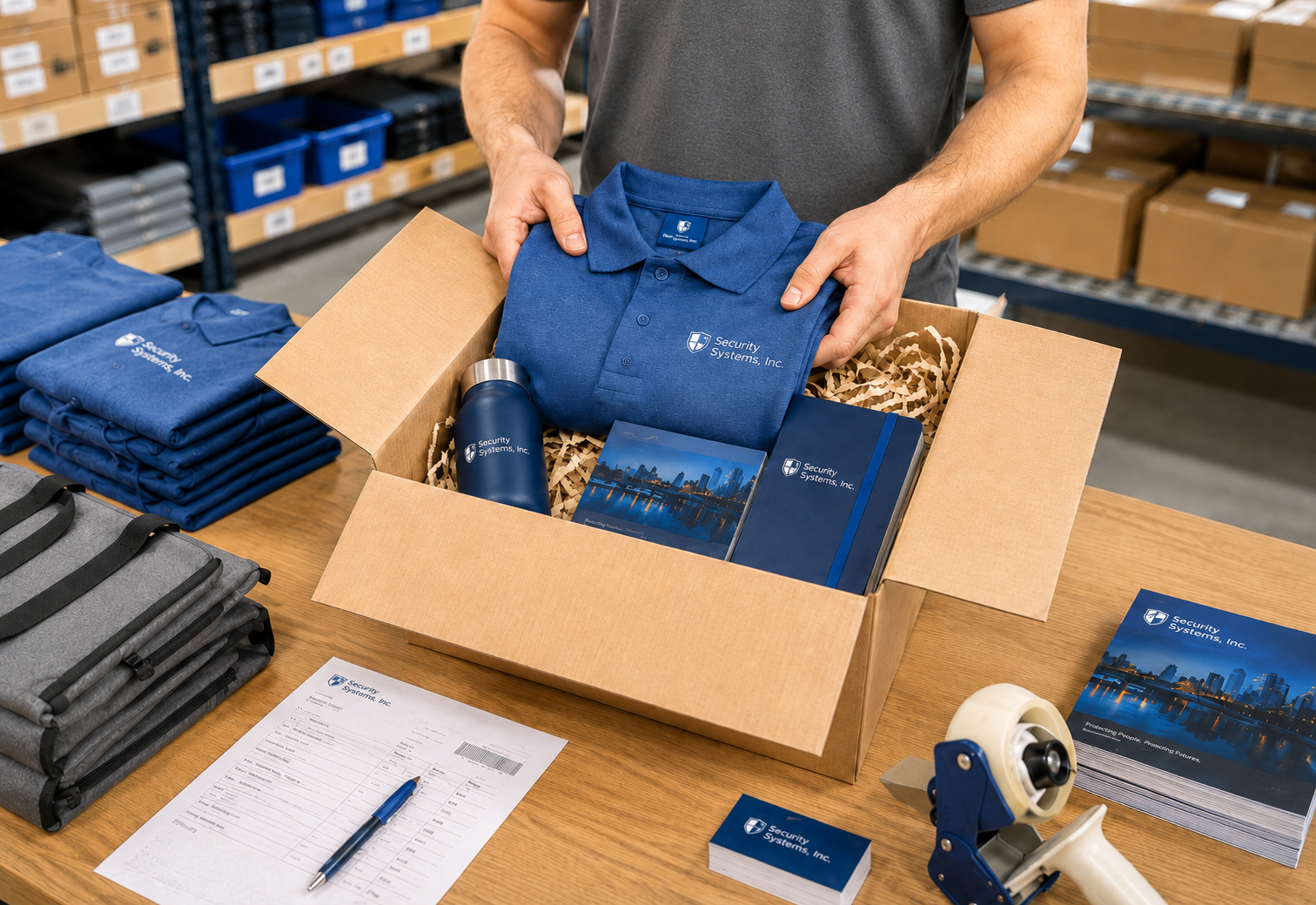 Worker preparing branded apparel, drinkware, printed materials, and promotional items for shipment