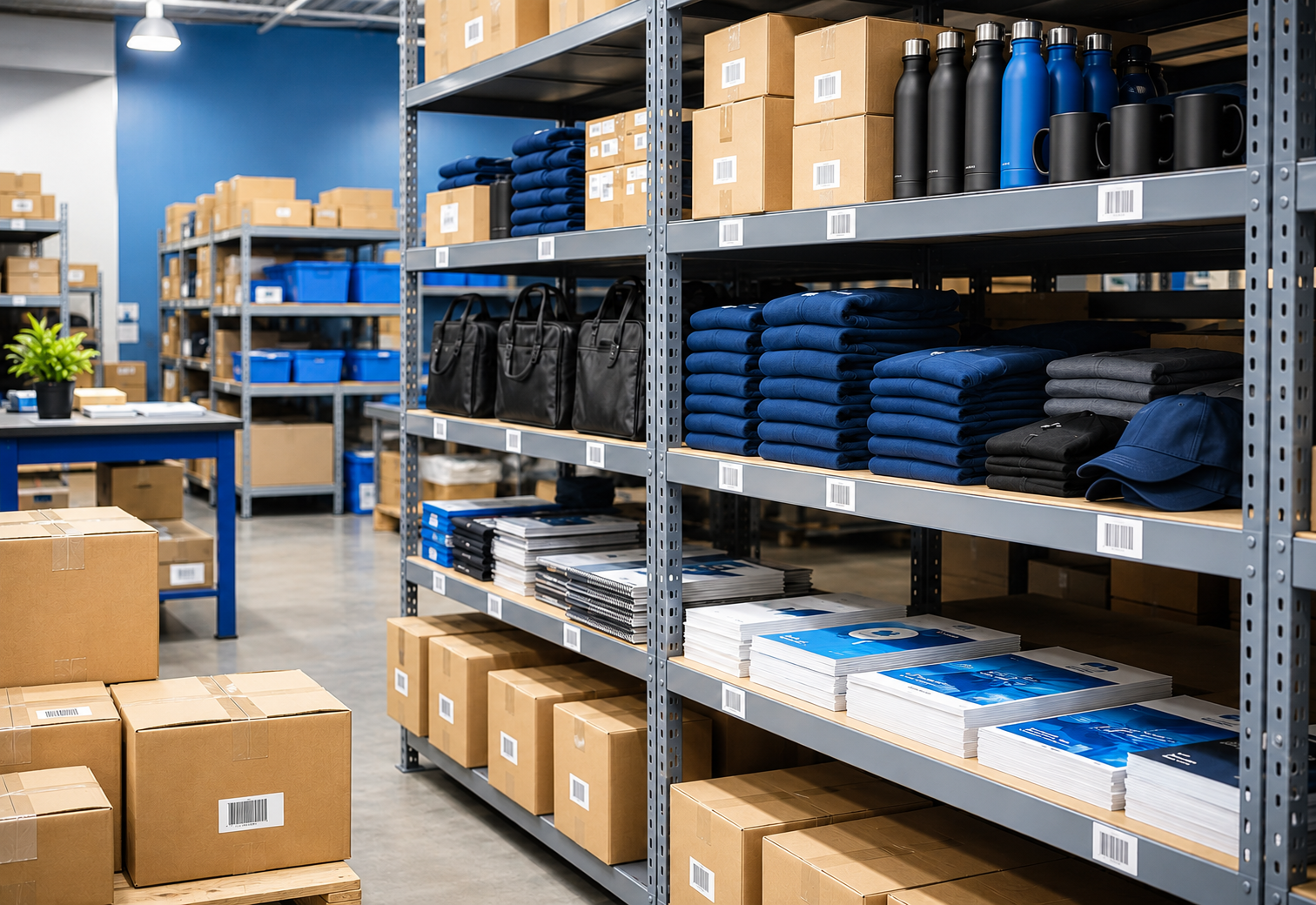 Organized warehouse inventory with apparel, products, and printed materials