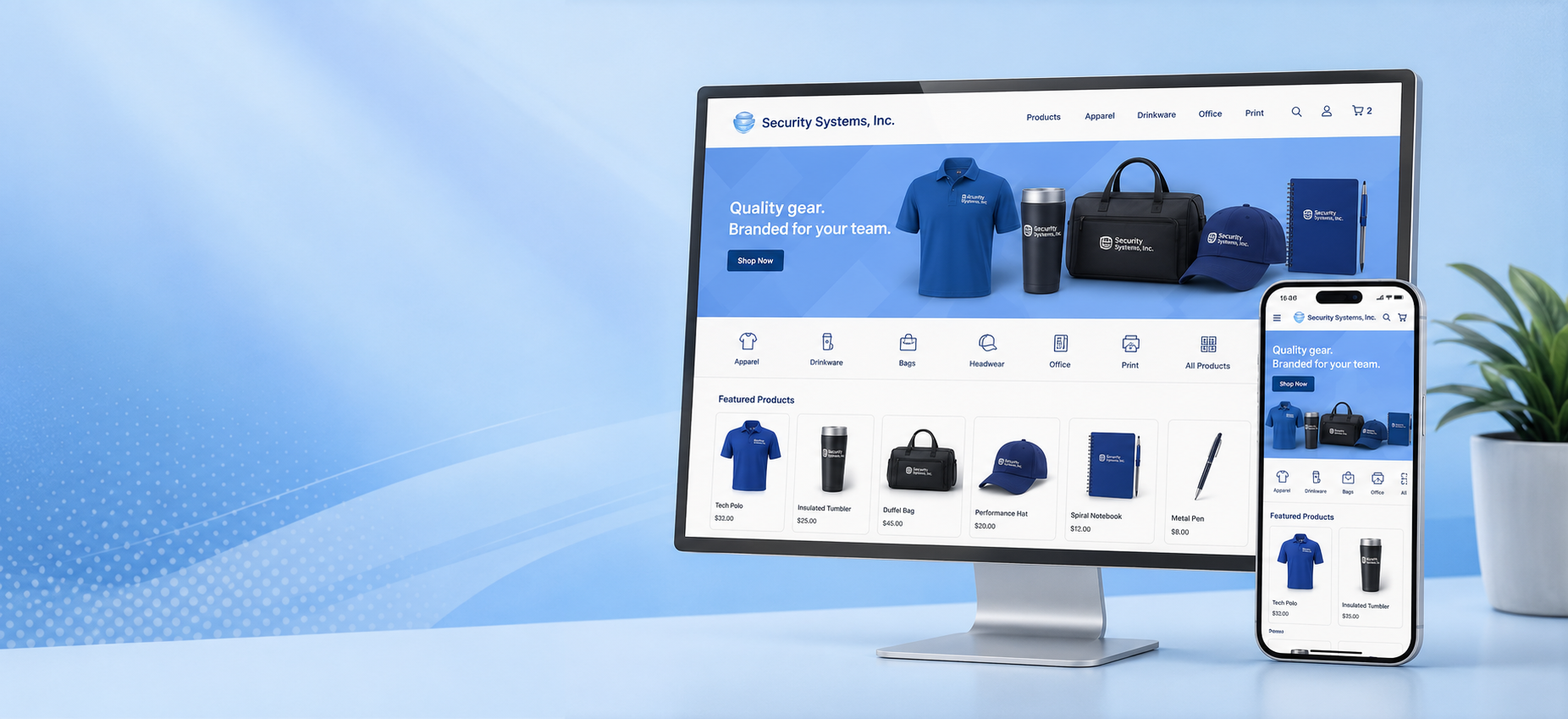 Branded company storefront shown on desktop and mobile devices
