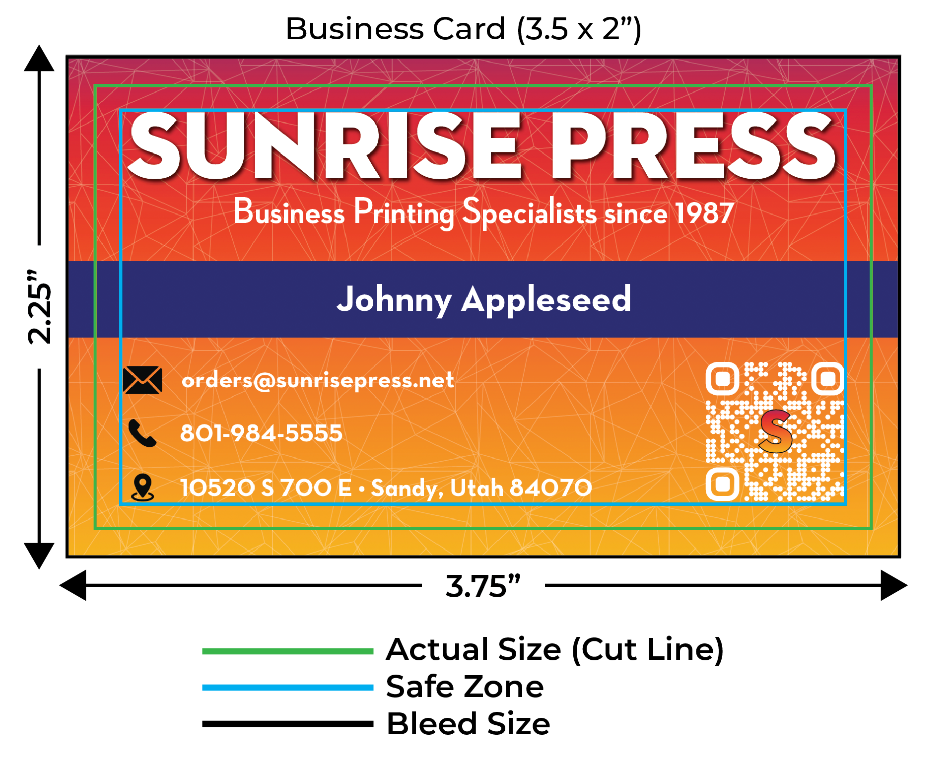Business card bleed diagram by Sunrise Press