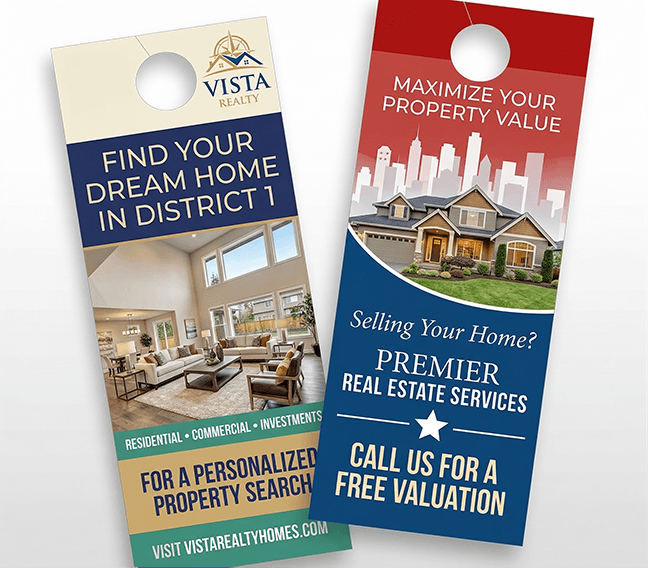 Door hanger printing for real estate open houses and neighborhood canvassing | TheFlyerLab