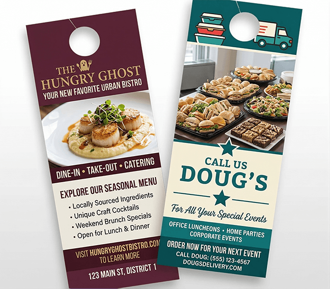 Door hanger printing for restaurant delivery promos and grand openings | TheFlyerLab