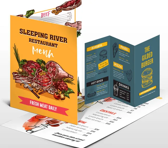 Menu and brochure printing for restaurants — tri-fold and bi-fold on premium stock | TheFlyerLab